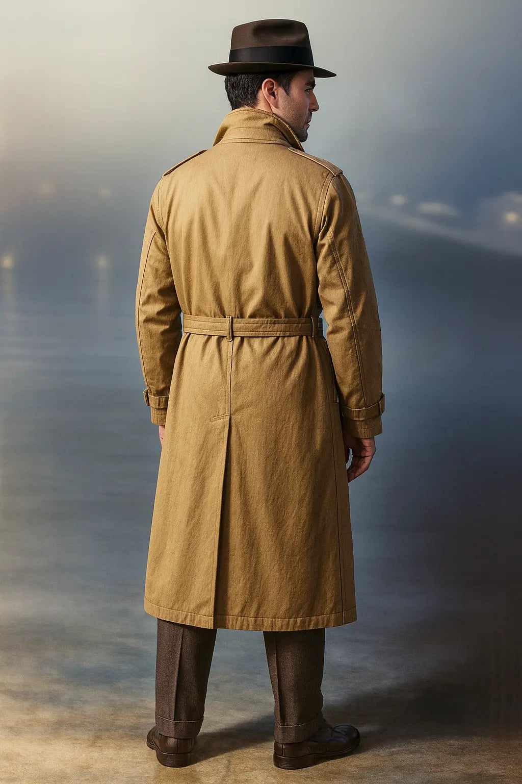 Back view of Humphrey Bogart brown cotton trench coat with belt and vintage design