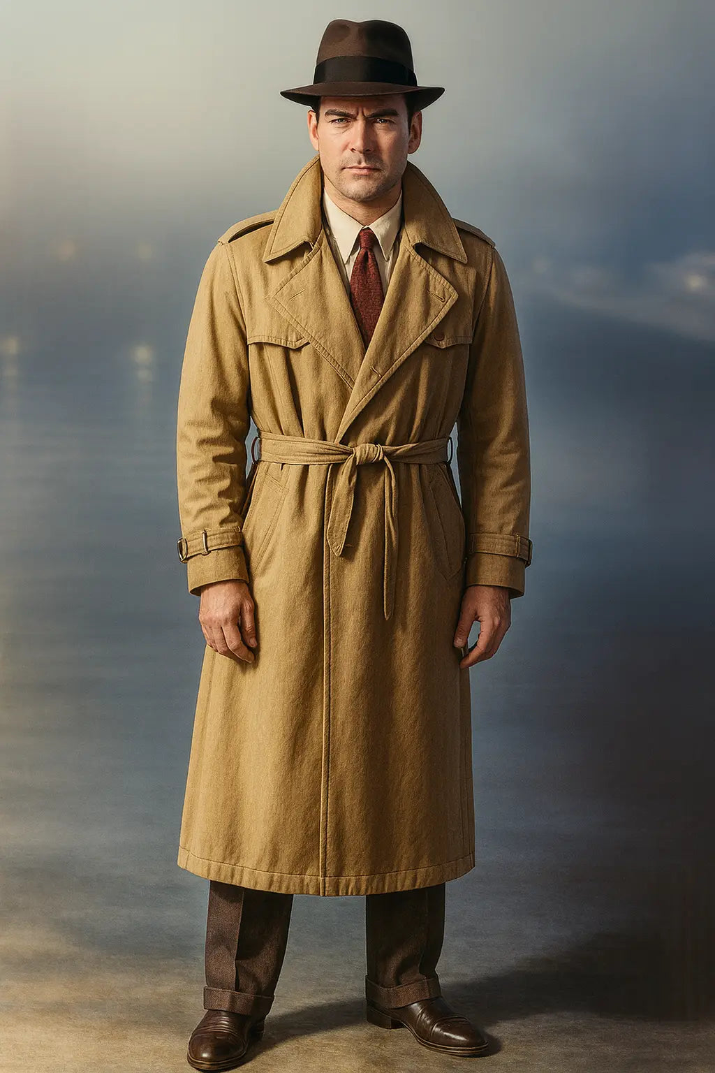 Front view of Humphrey Bogart classic brown cotton trench coat with belted waist