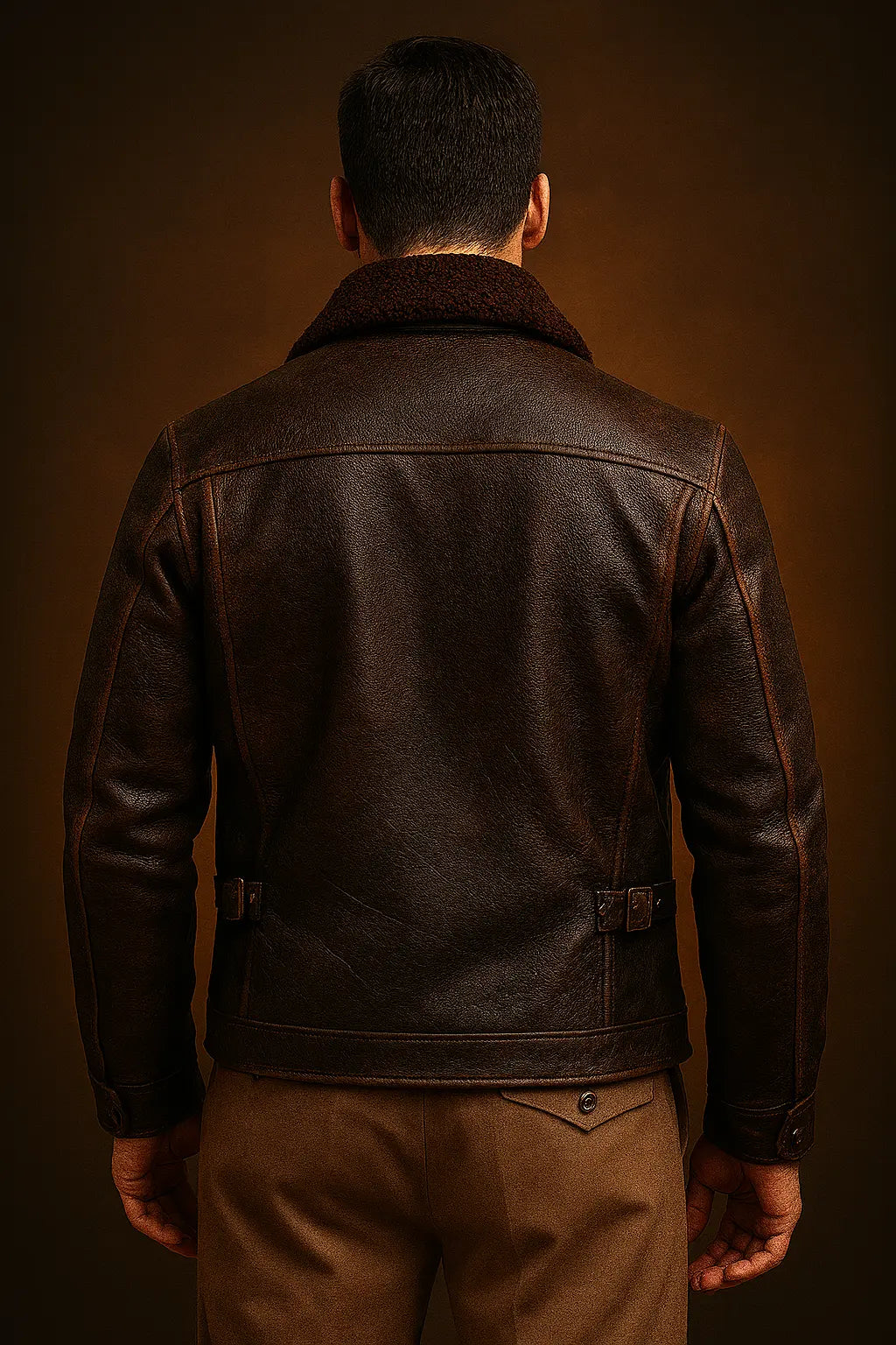 Back view of Indiana Jones adventure brown leather jacket with classic fit design