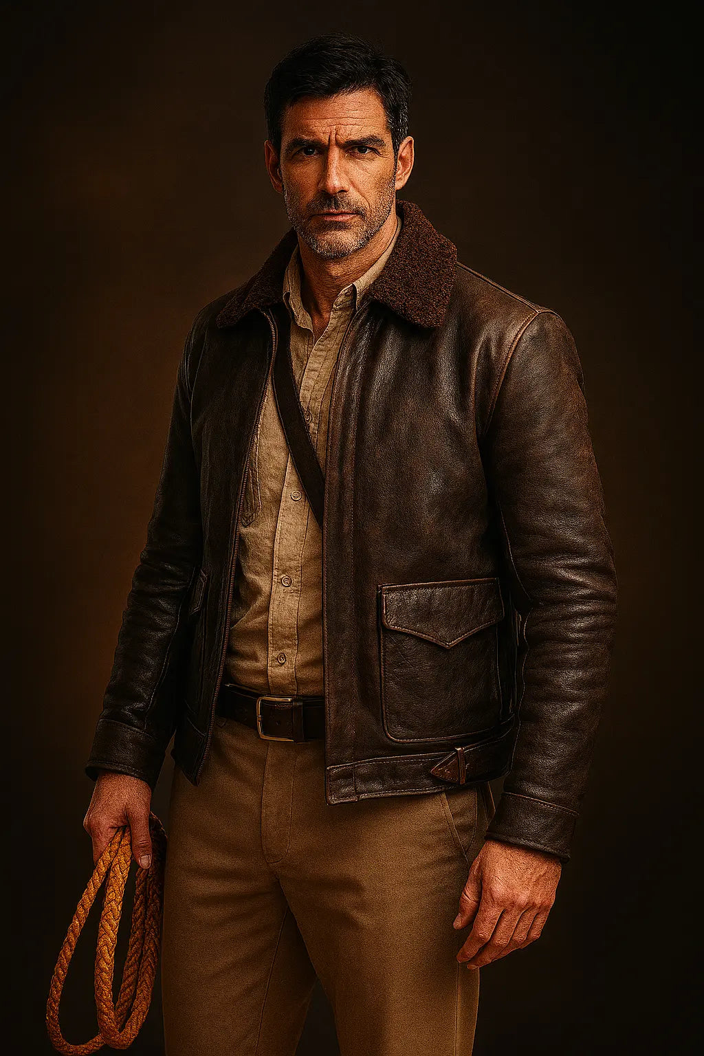 Front view of Indiana Jones brown genuine leather jacket with shirt-style collar and zipper closure