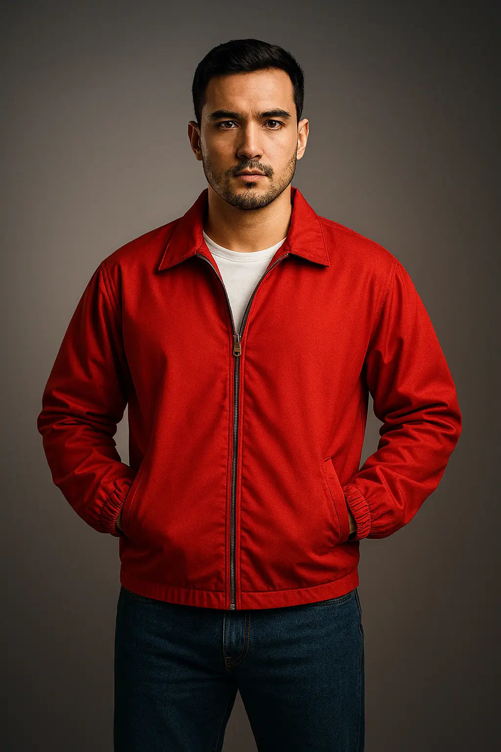 James Dean Rebel Without a Cause Red Cotton Jacket front view with zipper closure and classic collar