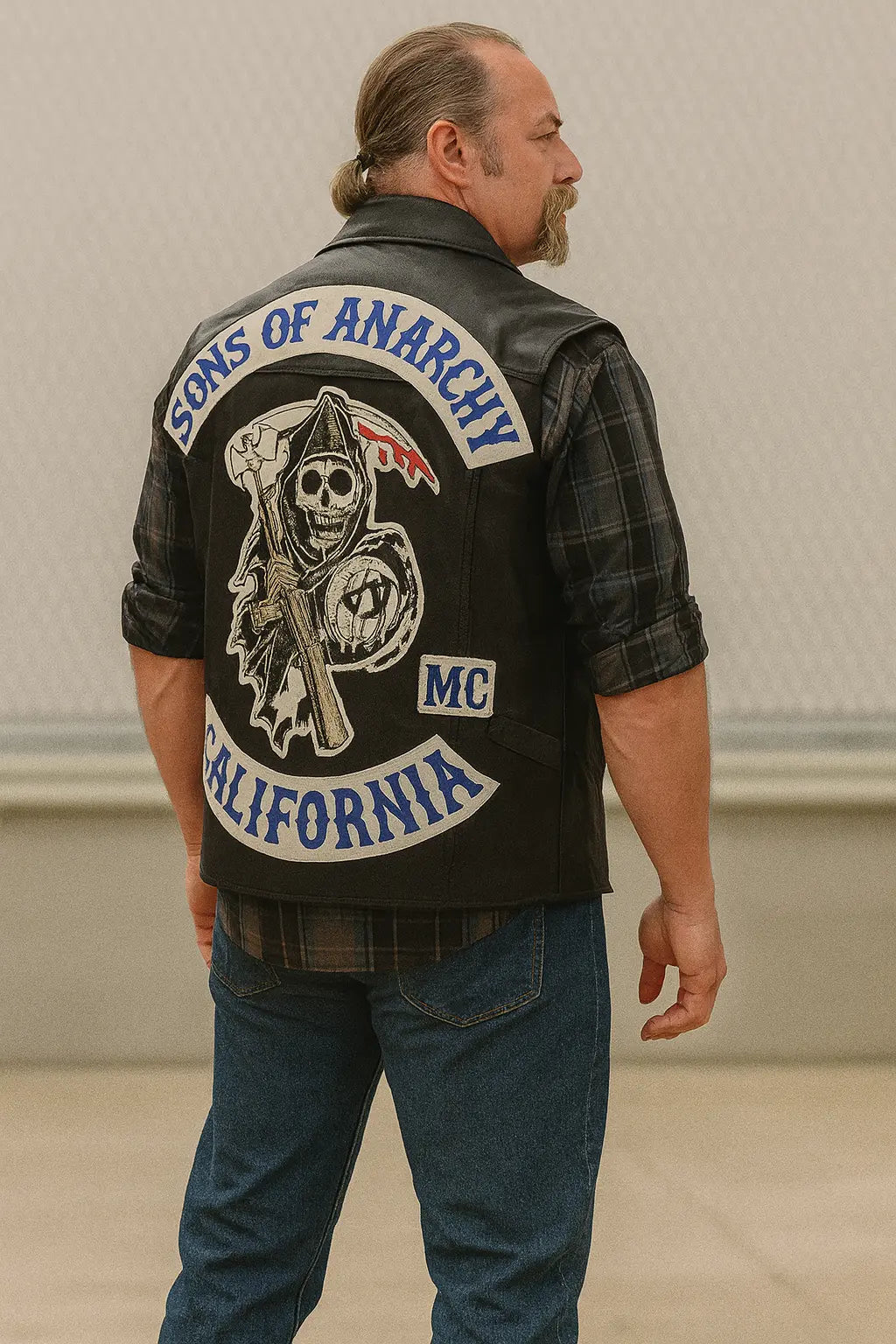 Back view of Sons of Anarchy Jax Teller black leather vest with Reaper logo patch