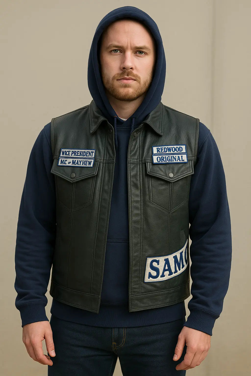 Front view of Jax Teller Sons of Anarchy black leather vest with biker club patches