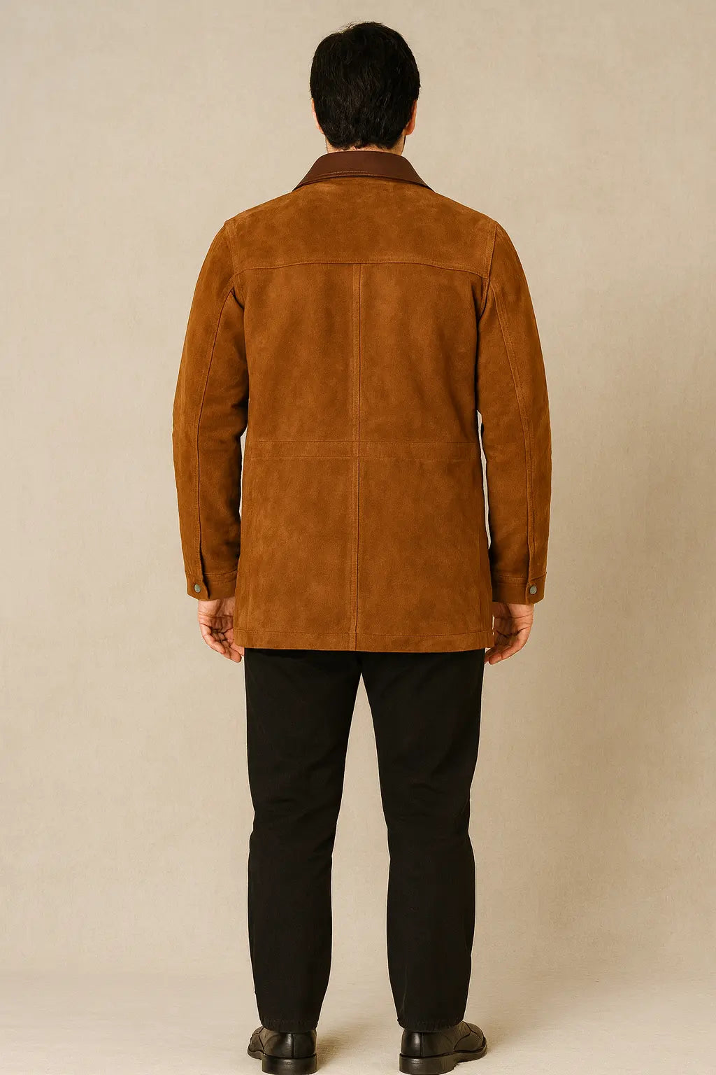 Back of Joel Miller brown suede leather jacket with classic button closure
