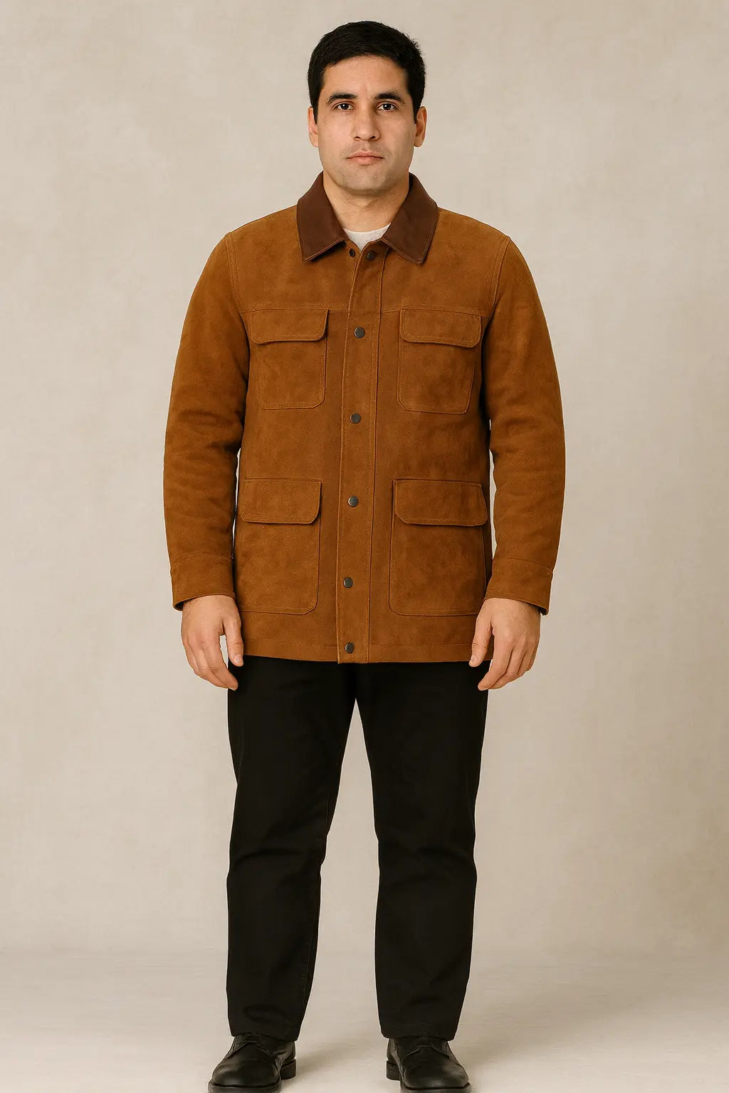 Front of Joel Miller inspired brown suede leather jacket from The Last of Us
