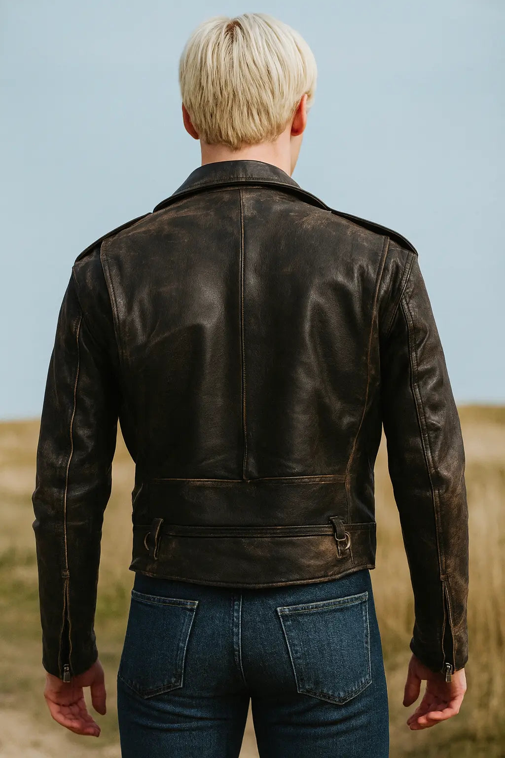 Back view of Dirty Dancing Johnny Castle leather jacket cosplay costume