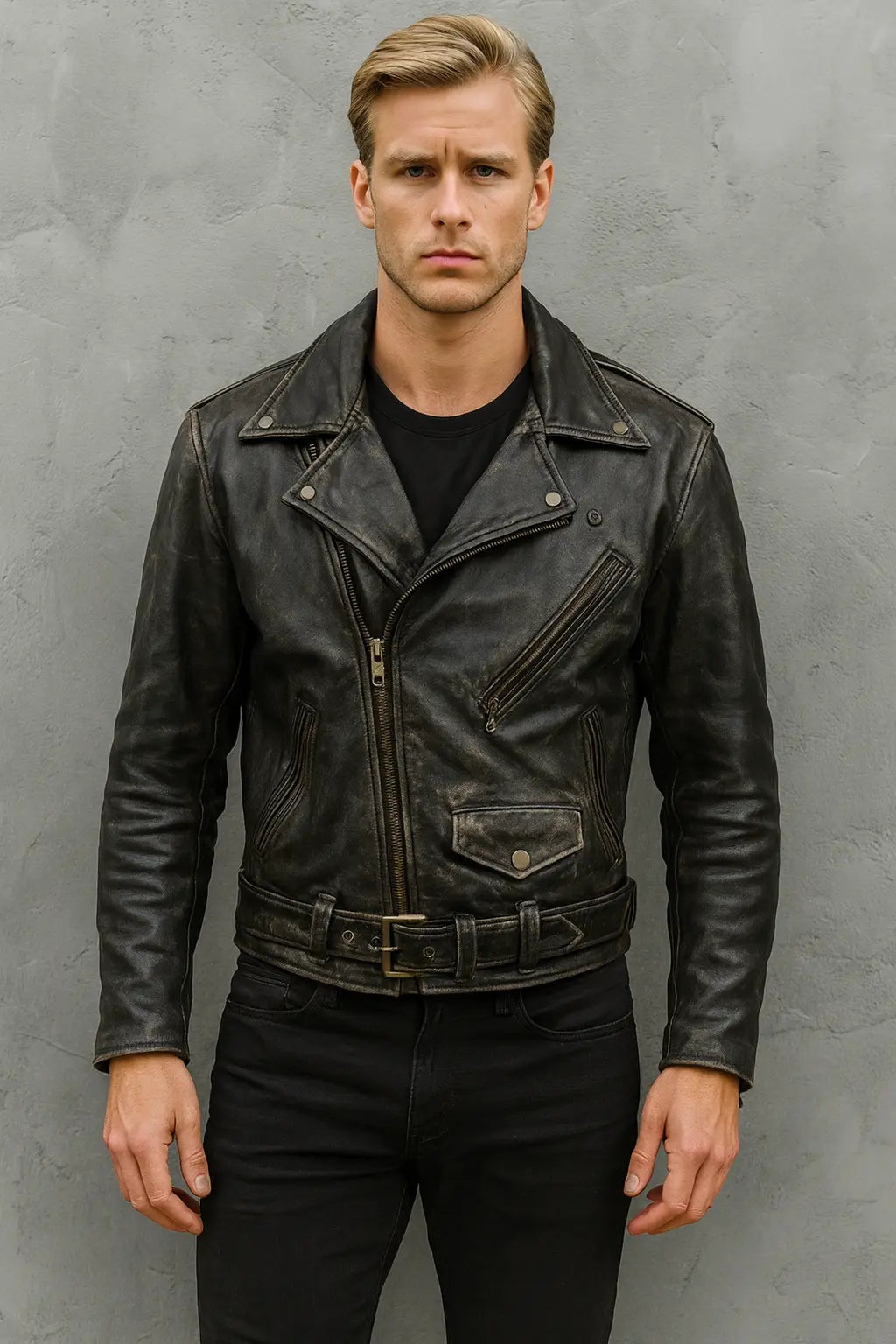 Front view of Johnny Castle Dirty Dancing leather jacket with zipper closure