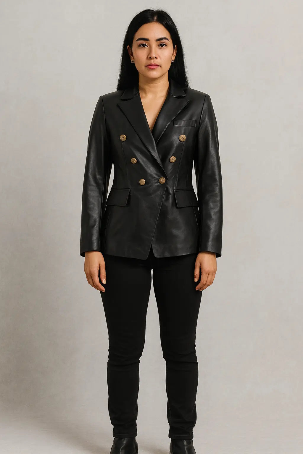 Women’s black genuine leather double-breasted blazer with slim fit