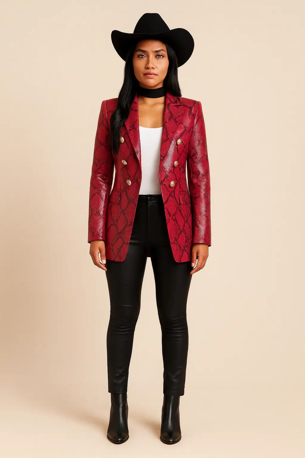 Lainey Wilson red genuine leather snakeskin blazer front view Grammy outfit