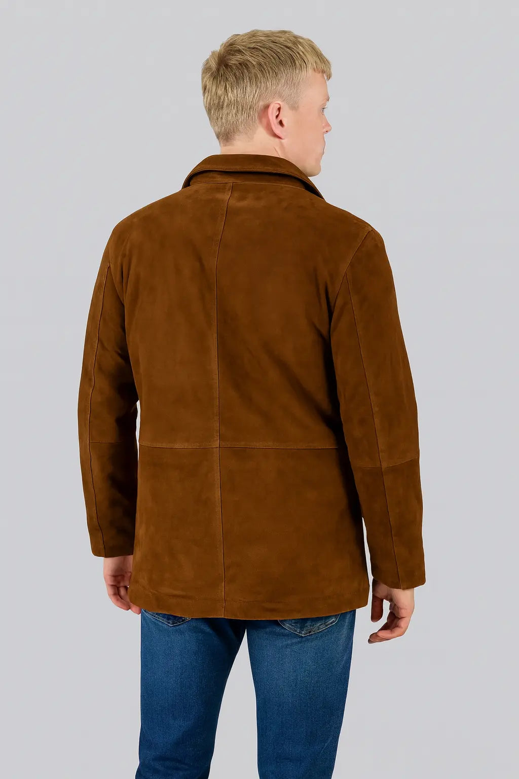 Back view of Robert Taylor Longmire sheriff suede coat in brown