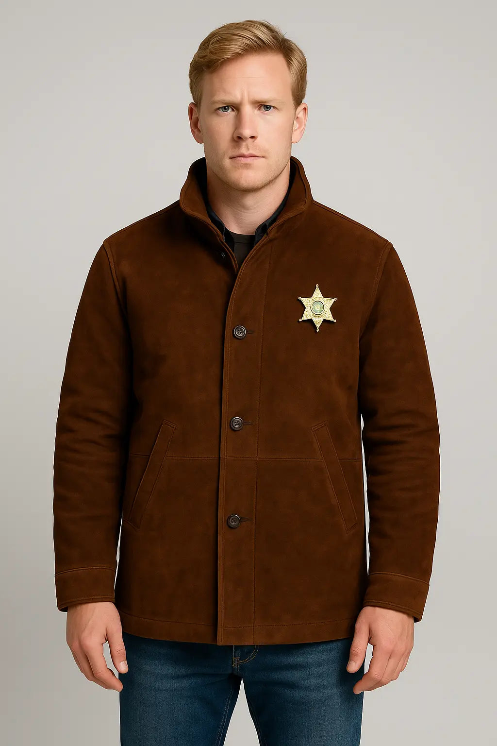 Front view of Longmire-inspired brown suede coat with button closure
