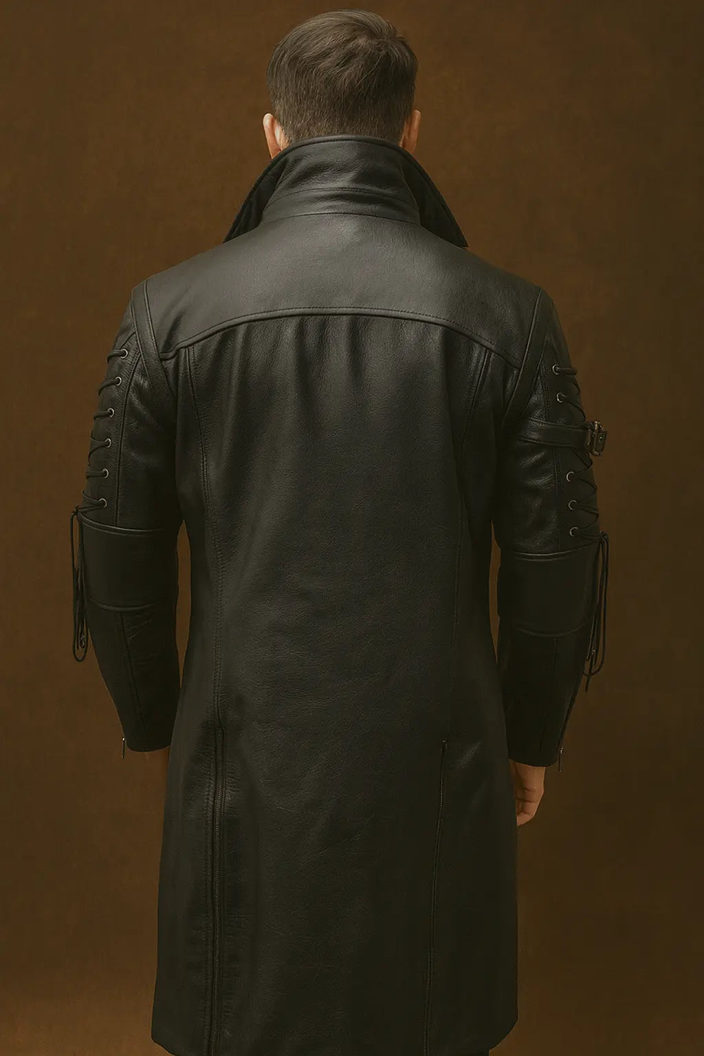 Back view of men’s gothic steampunk black leather trench coat with vintage detailing