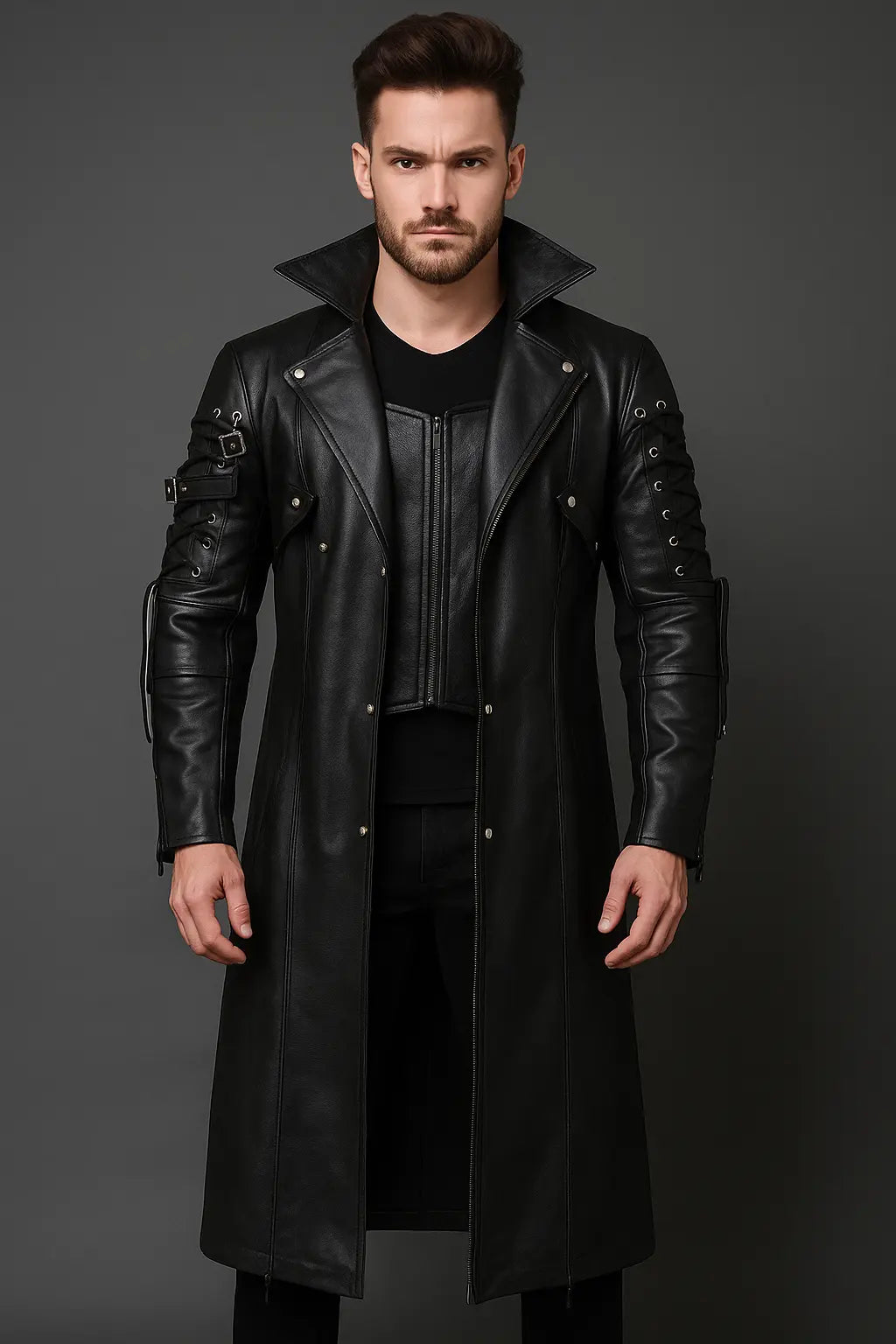Front view of men’s black gothic steampunk leather trench coat with buckle straps and long design