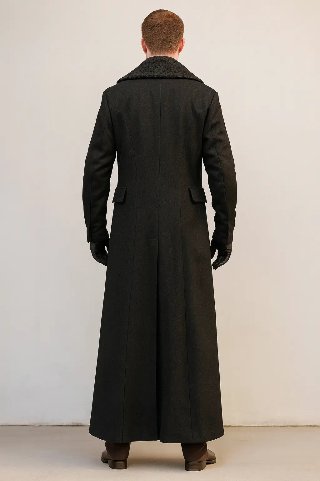 Men’s double-breasted gray wool detective coat with long back design, tailored fit, and structured shoulders – back view