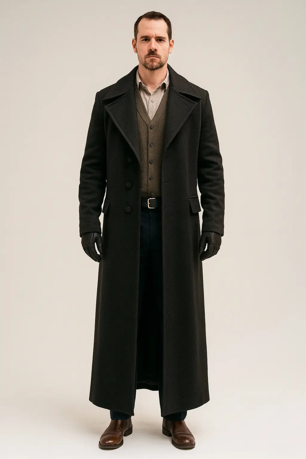 Men’s double-breasted gray wool detective coat with button closure, full-length design, and wide lapels – front