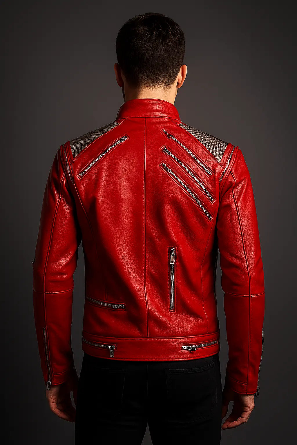 Back view of Michael Jackson Beat It red leather jacket with screen-accurate panel design