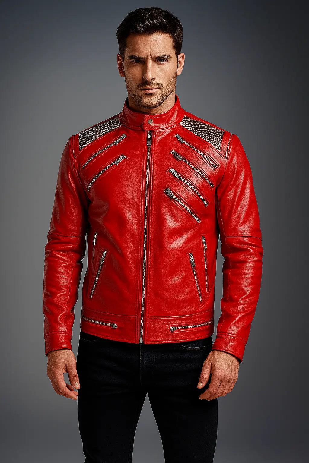 Front view of Michael Jackson Beat It red genuine leather jacket with zipper detailing – iconic pop style