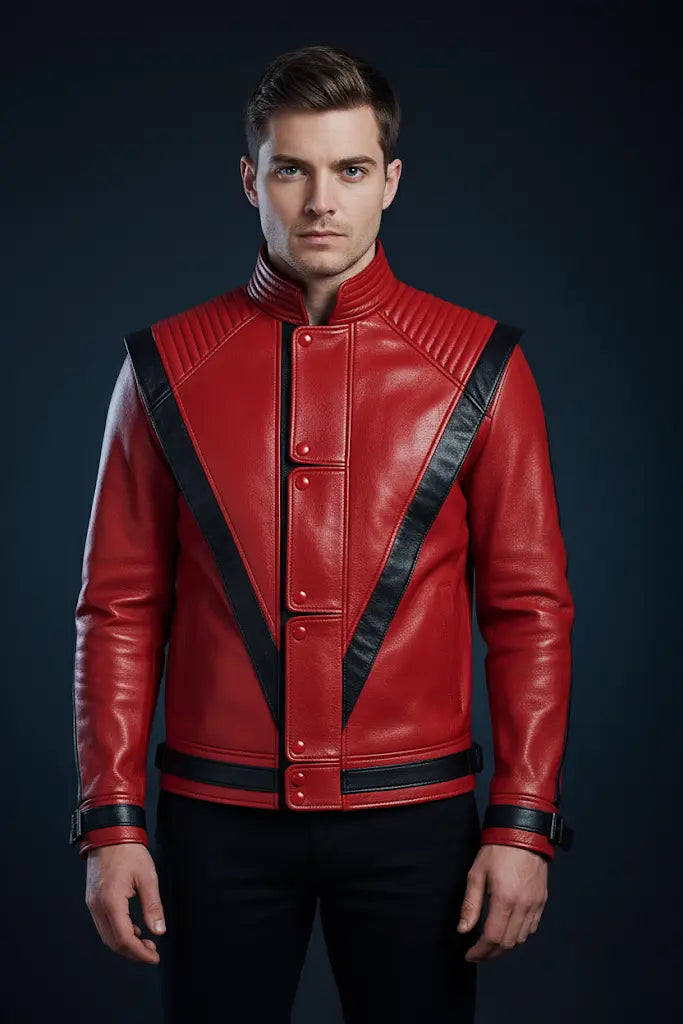 Front view of Michael Jackson Thriller red leather jacket with V-shaped black stripes – iconic 80s pop style