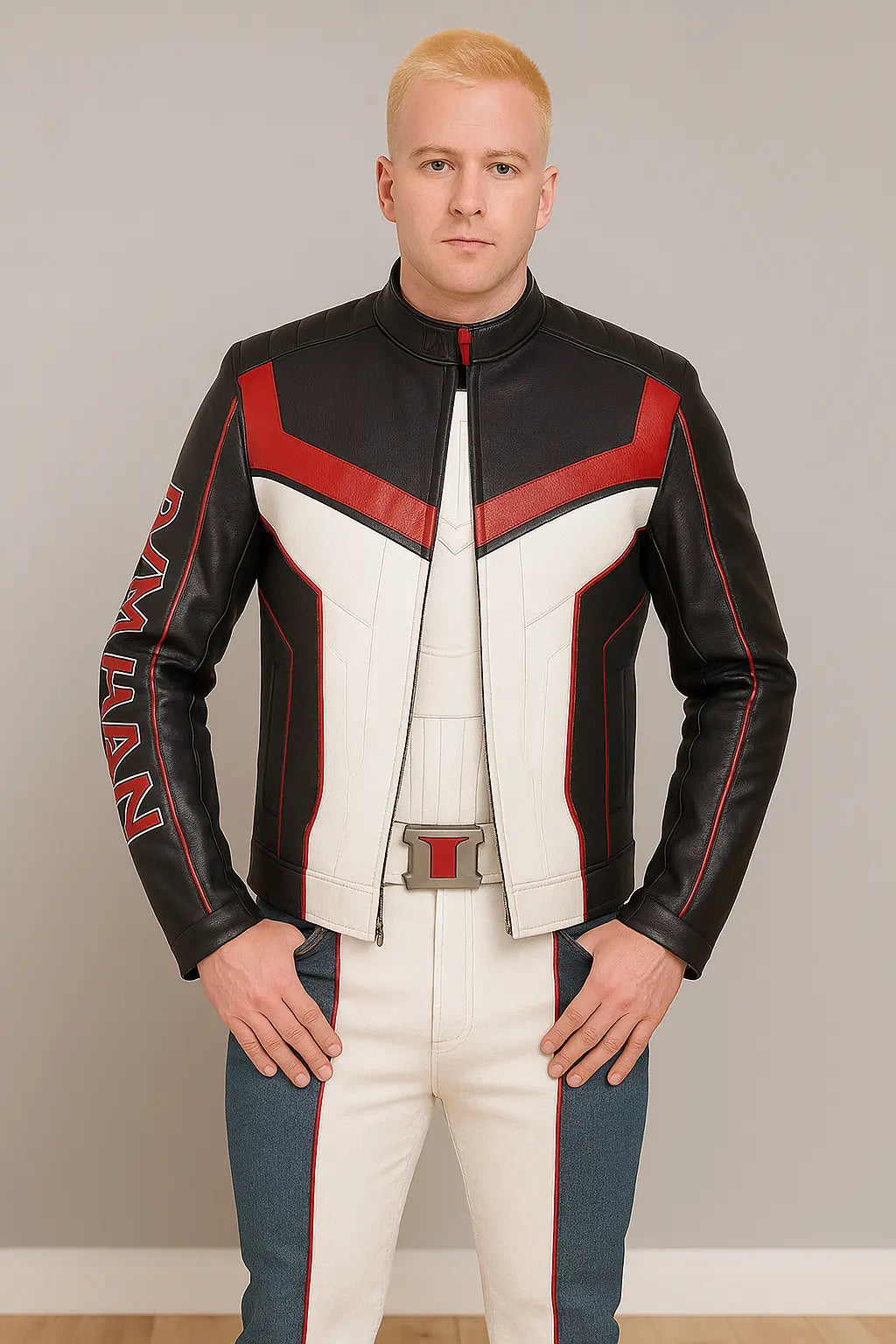 Front view of Mister Terrific Superman 2025 black and white leather jacket with red accents and zipper closure
