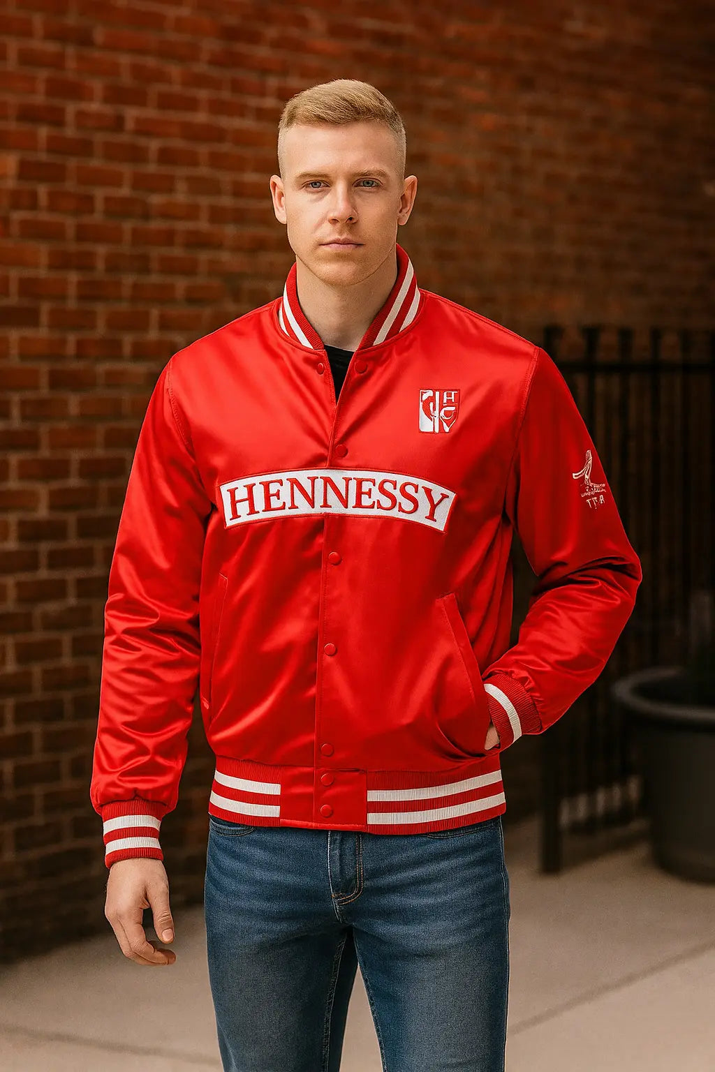 Front view of Mitchell & Ness NBA x Hennessy red satin varsity jacket with Hennessy spell out logo