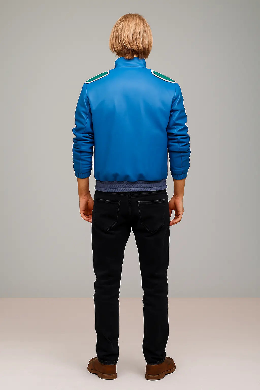 Back of Johnny Cage Mortal Kombat 11 cosplay jacket in faux leather with white and green accents