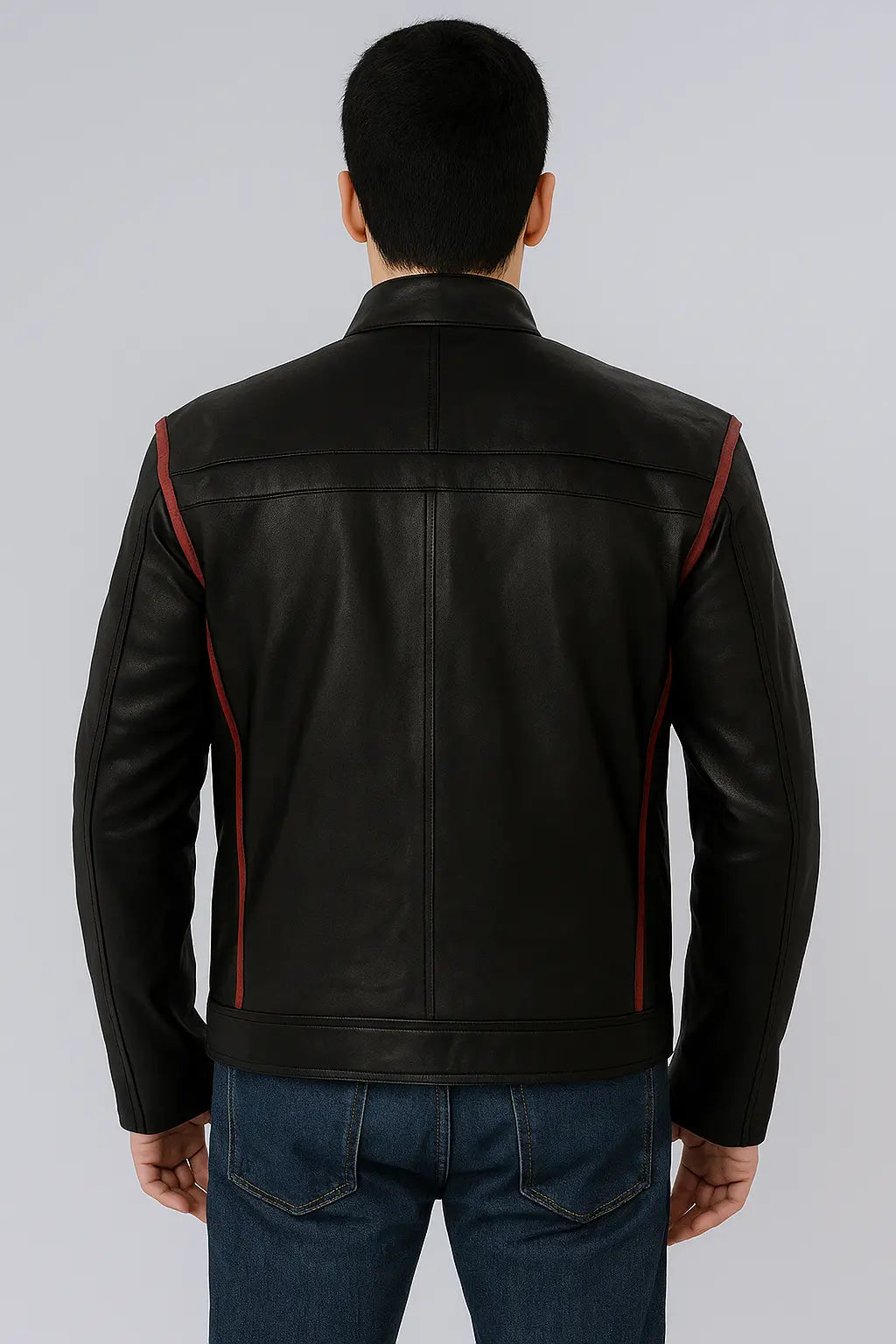 Back view of N7 Mass Effect Black Leather Jacket with red stripe detailing