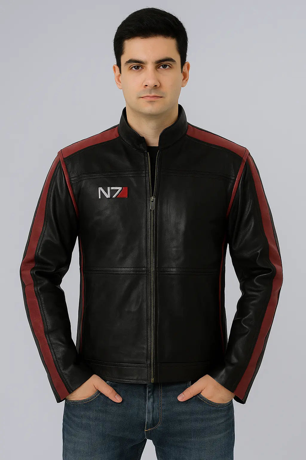 Front view of N7 Mass Effect Commander Shepard Black Leather Jacket with red stripes and zipper closure