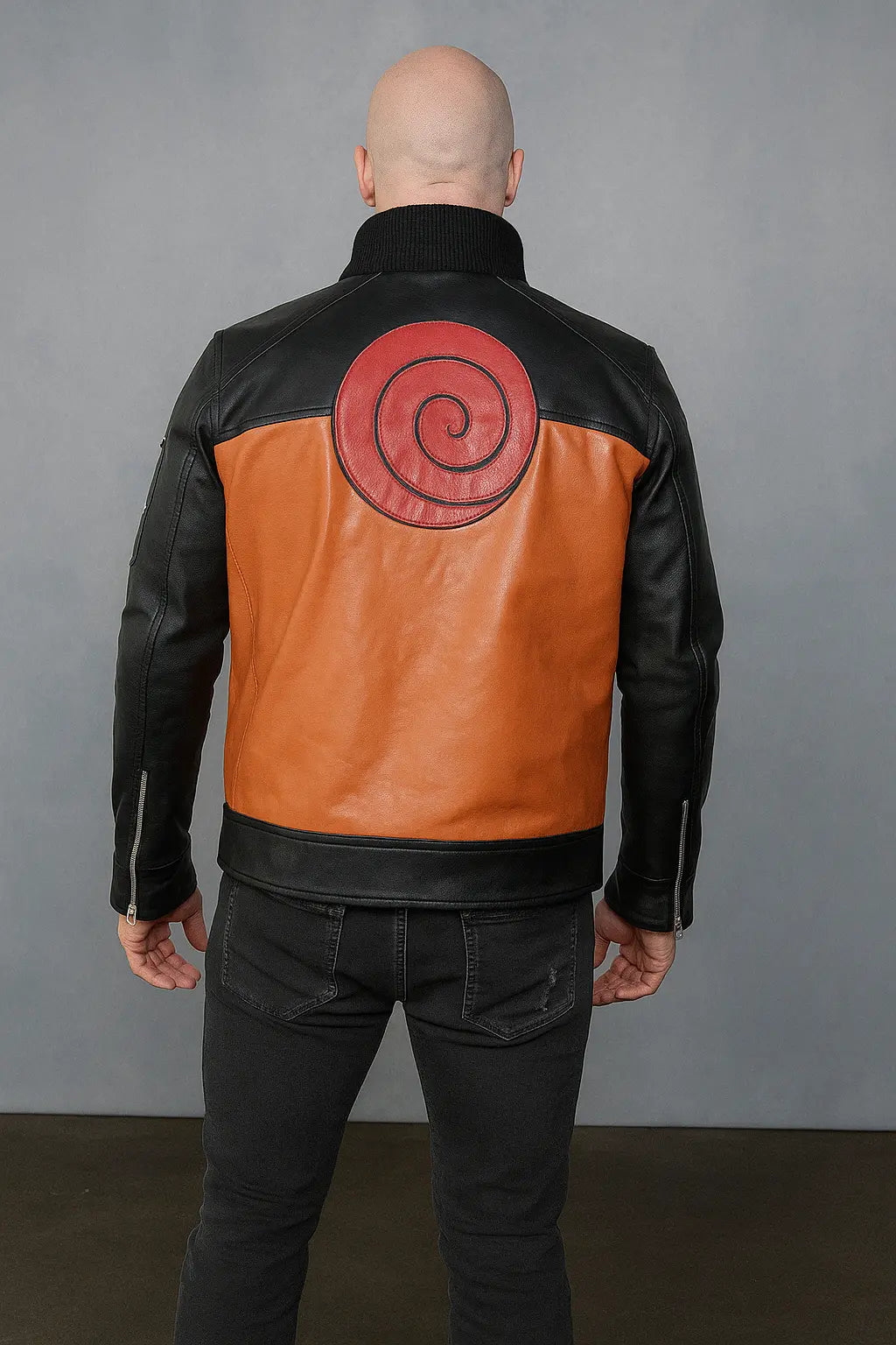 Back view of Naruto Uzumaki Shippuden black and orange leather jacket with spiral emblem
