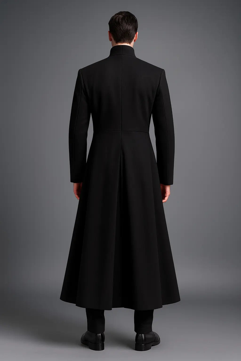 Back view of The Matrix Neo black wool trench coat long design