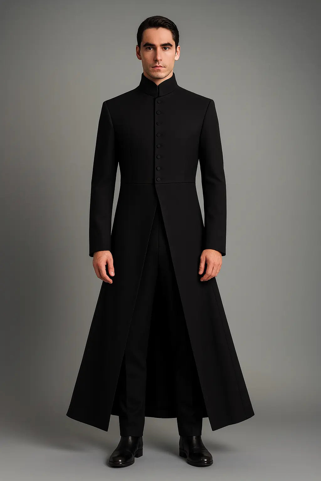 Front view of Neo Matrix black wool trench coat long cosplay jacket