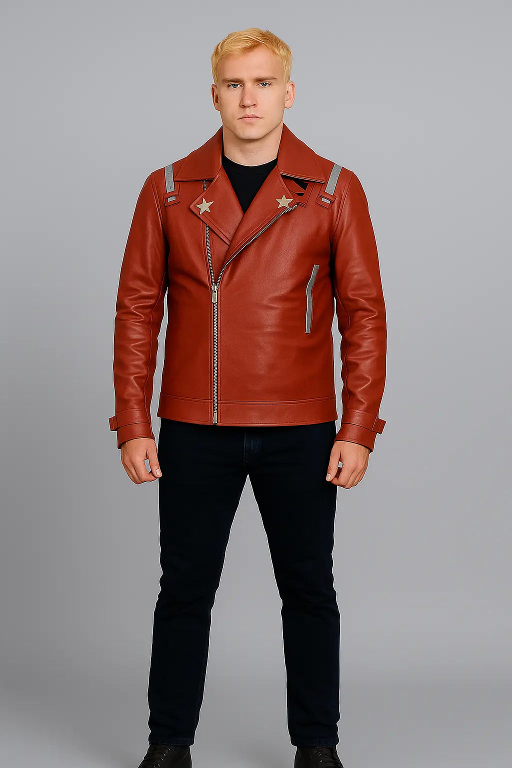 Front view of No More Heroes Travis Touchdown Red Leather Jacket with star patches and zipper closure