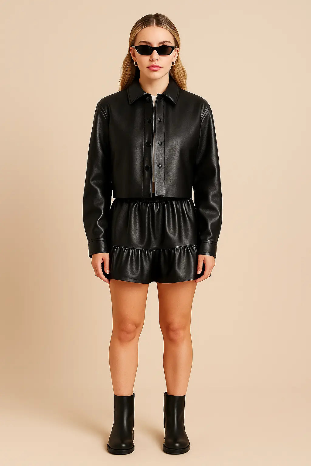 Charli XCX-inspired black genuine leather jacket front view