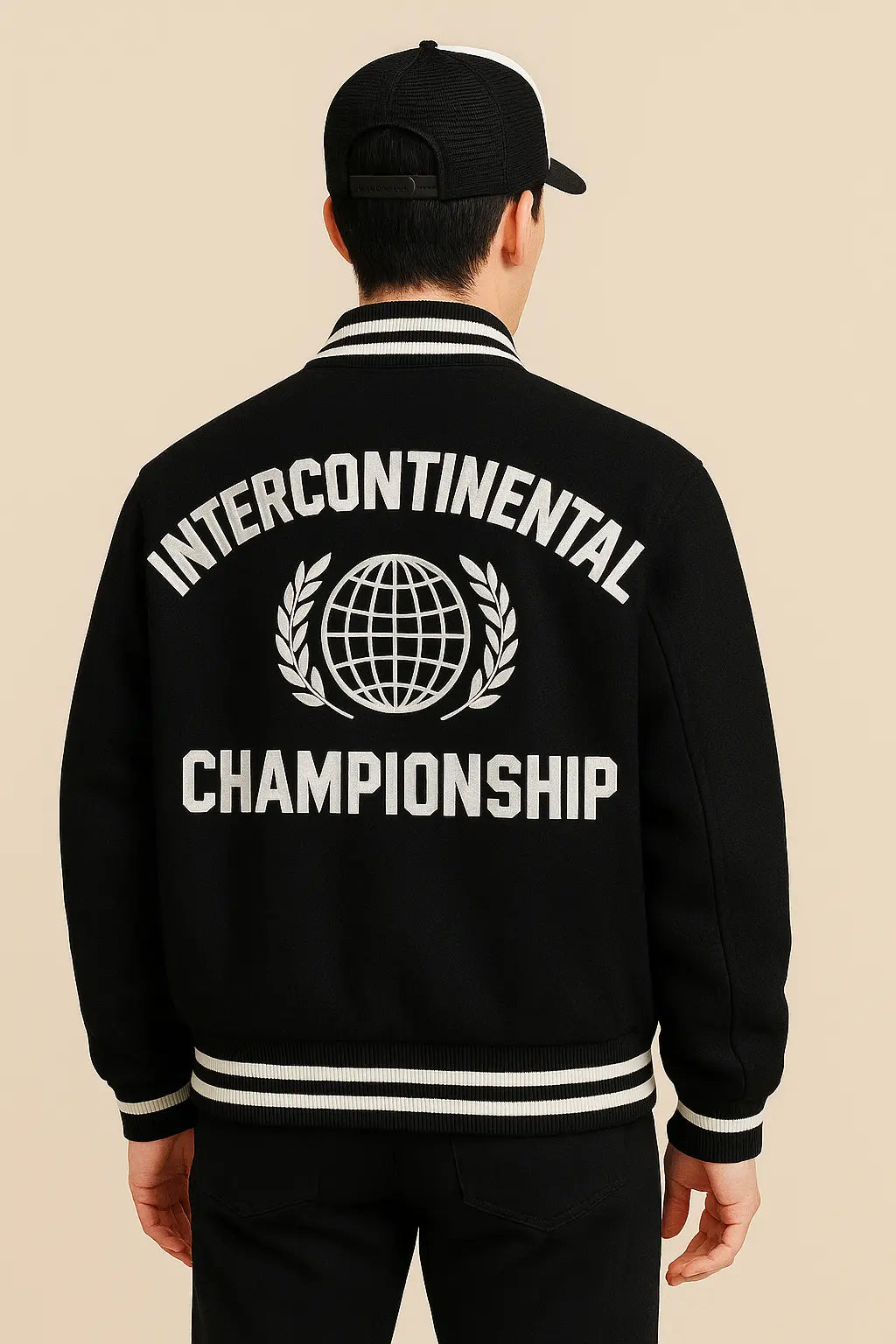 Back view of Patty Mills NYC 2025 varsity jacket with embroidered Universal logo
