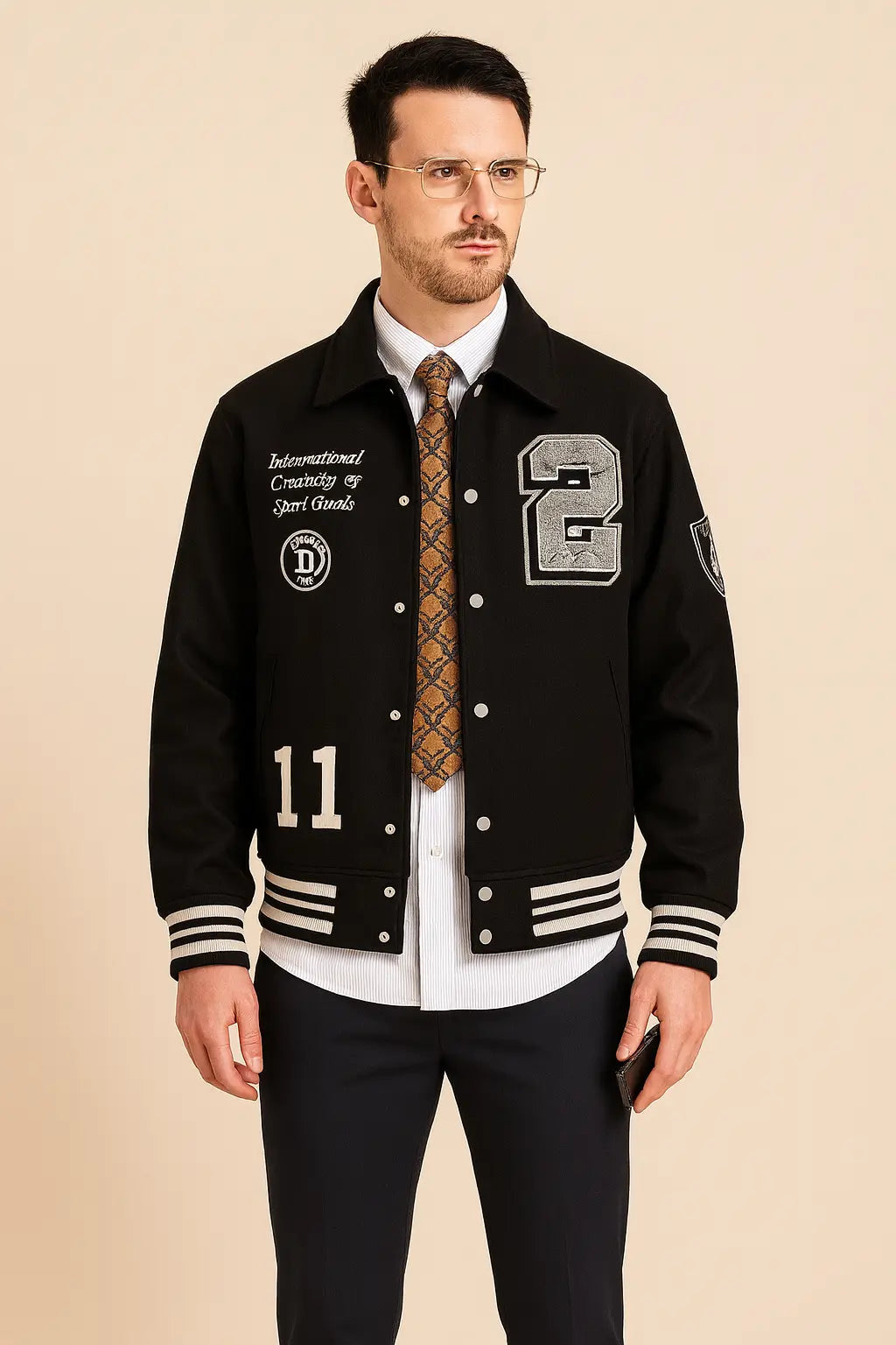 Front view of Patty Mills NYC 2025 black wool varsity jacket with patches