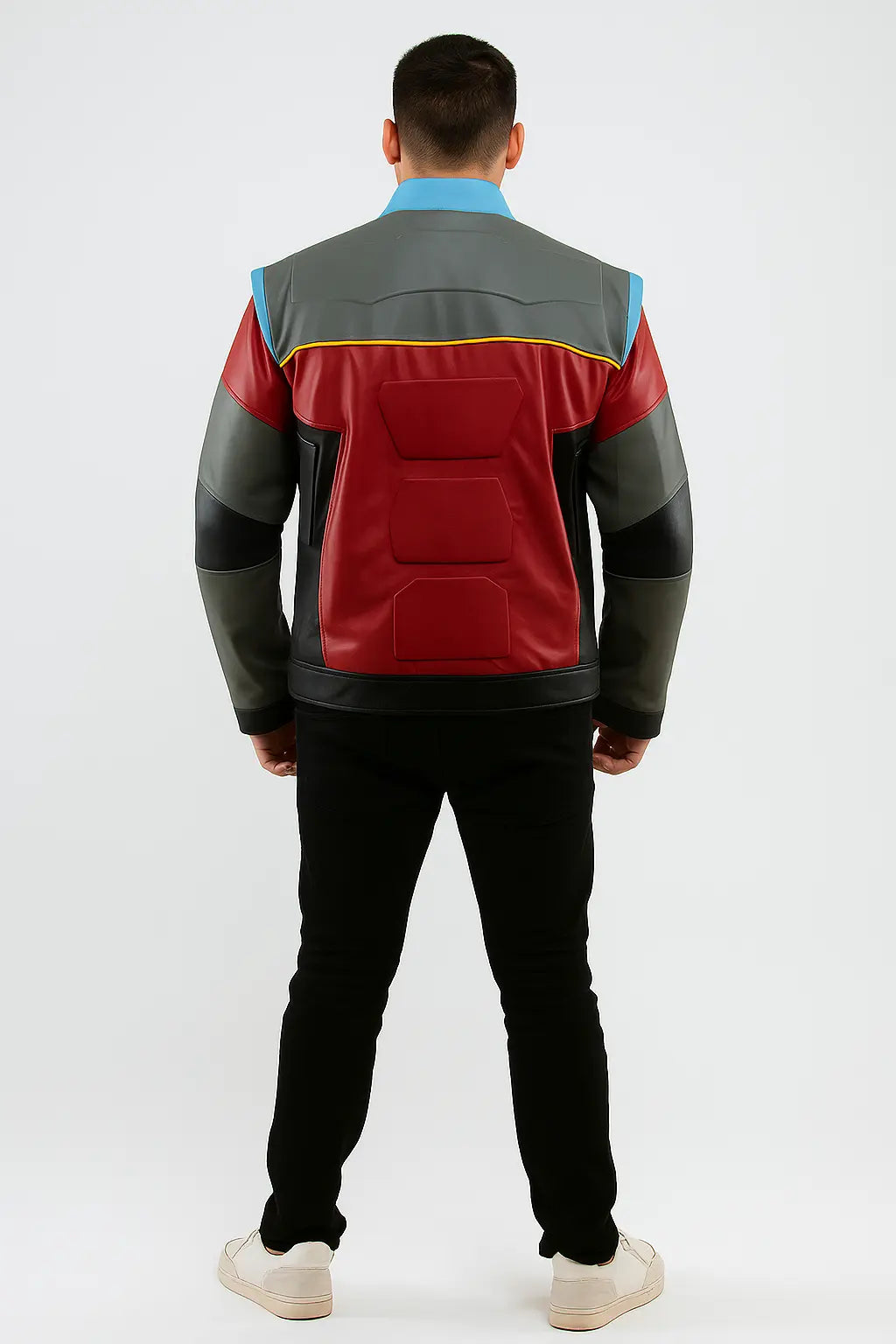 Back of PAW Patrol Ryder cosplay jacket with multicolor leather design