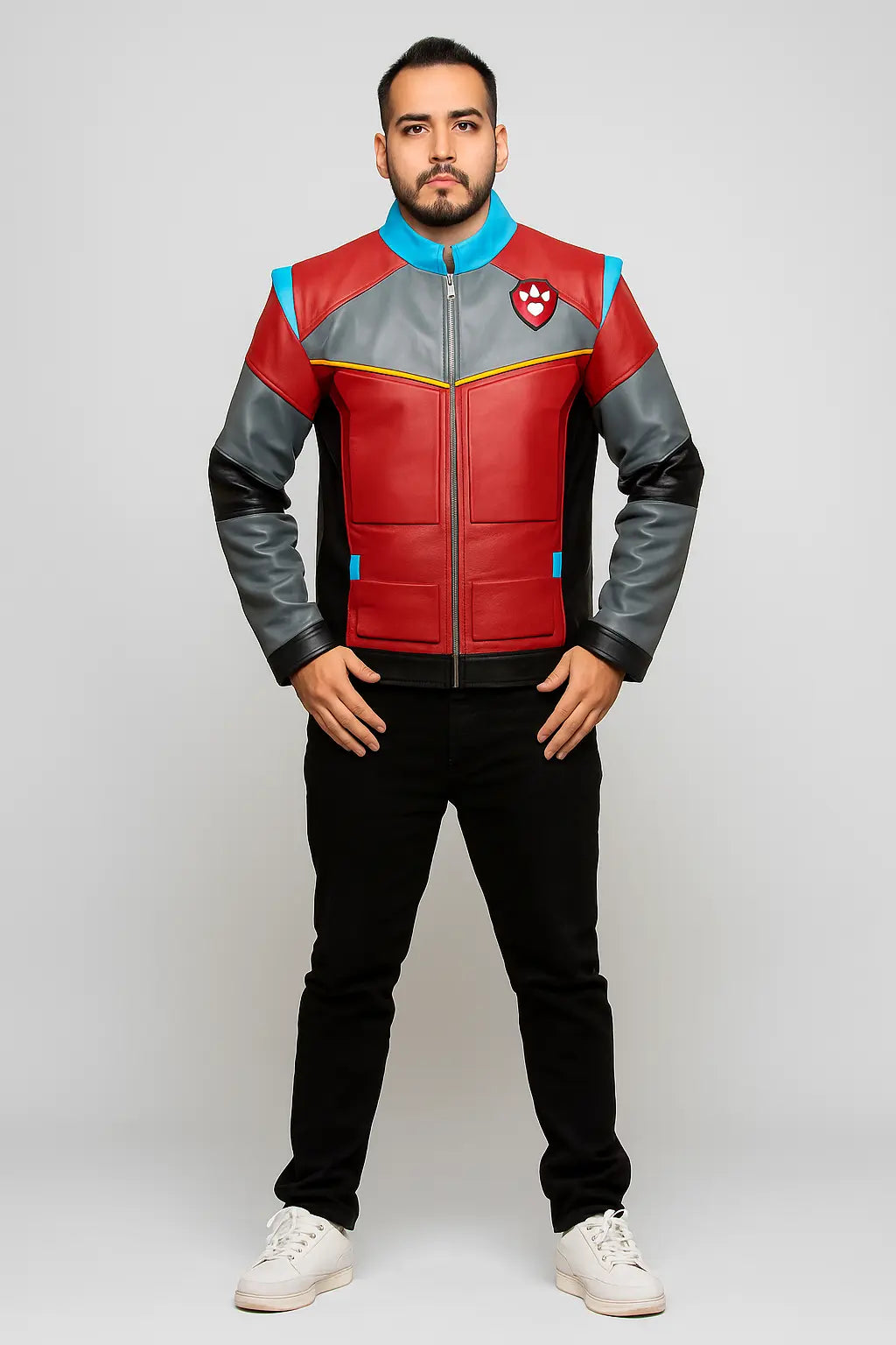 PAW Patrol The Mighty Movie 2023 Ryder jacket front in red, gray, blue, and yellow genuine leather