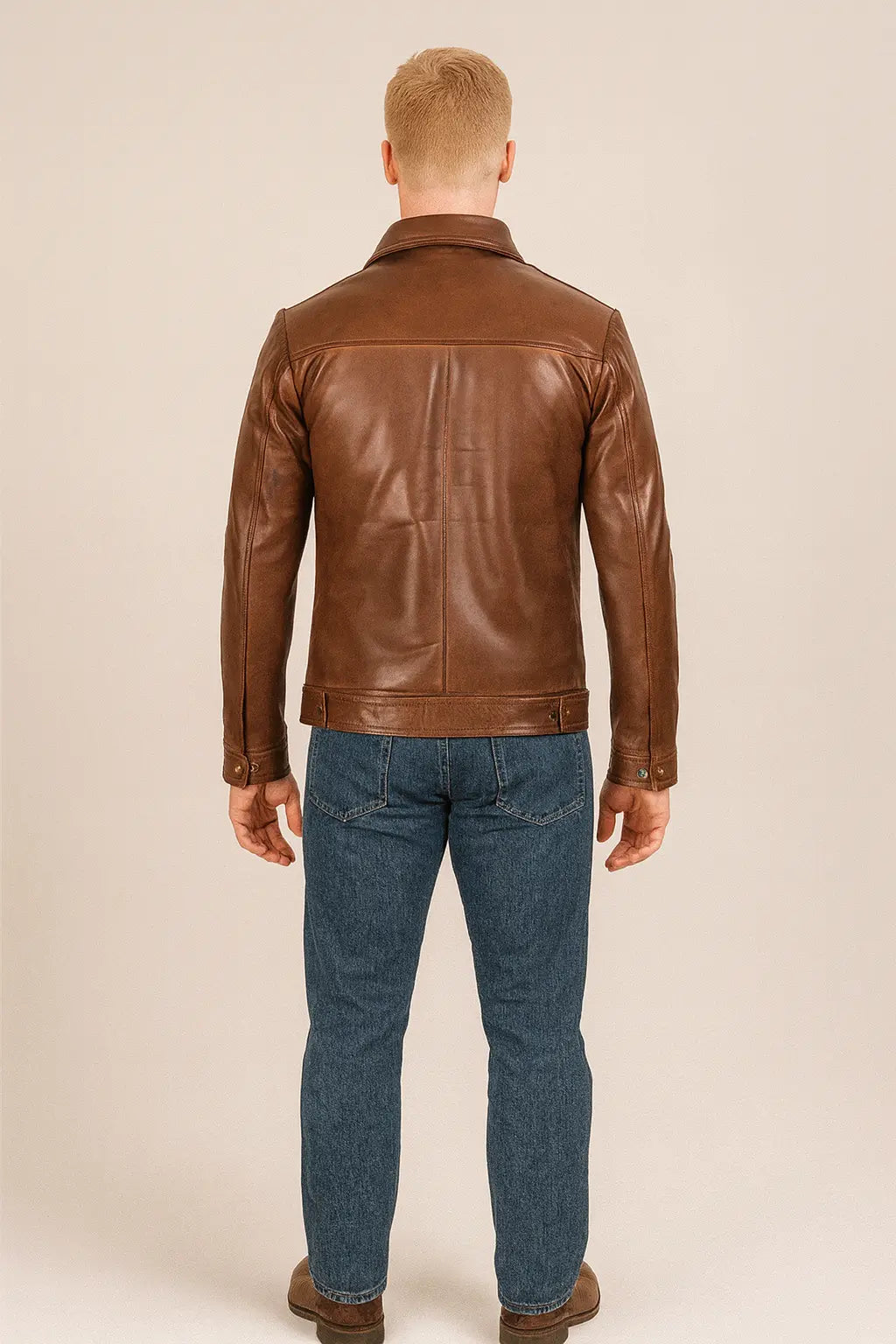 Reeves Men’s Brown Harrington Genuine Leather Jacket Back View