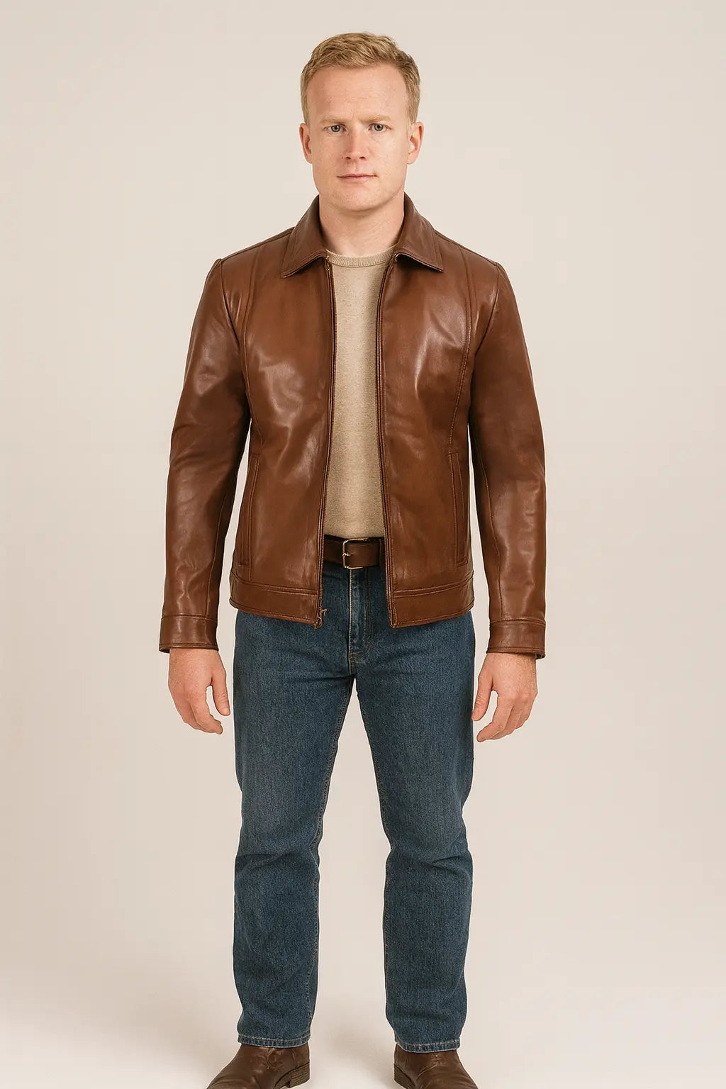 Reeves Men’s Brown Harrington Real Leather Jacket Front View