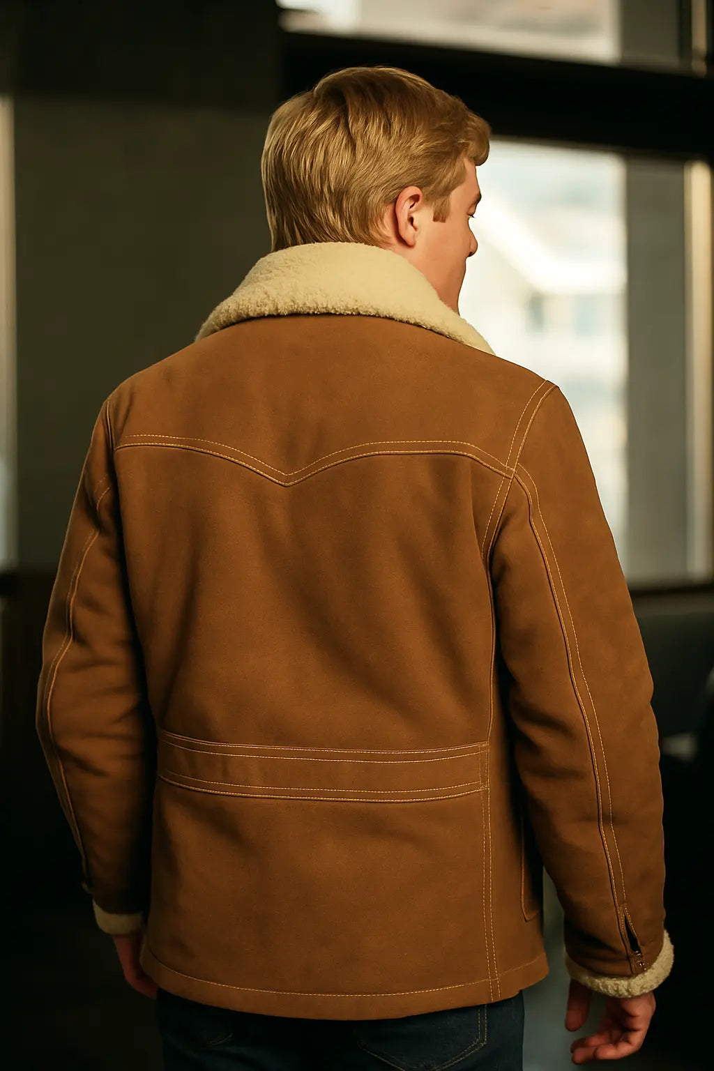 Back view of Robert Redford Downhill Racer brown leather jacket with shearling lining