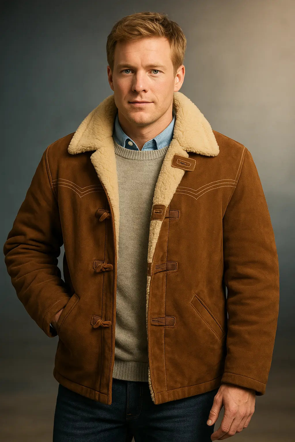 Front view of Robert Redford Downhill Racer brown shearling leather jacket with fur collar