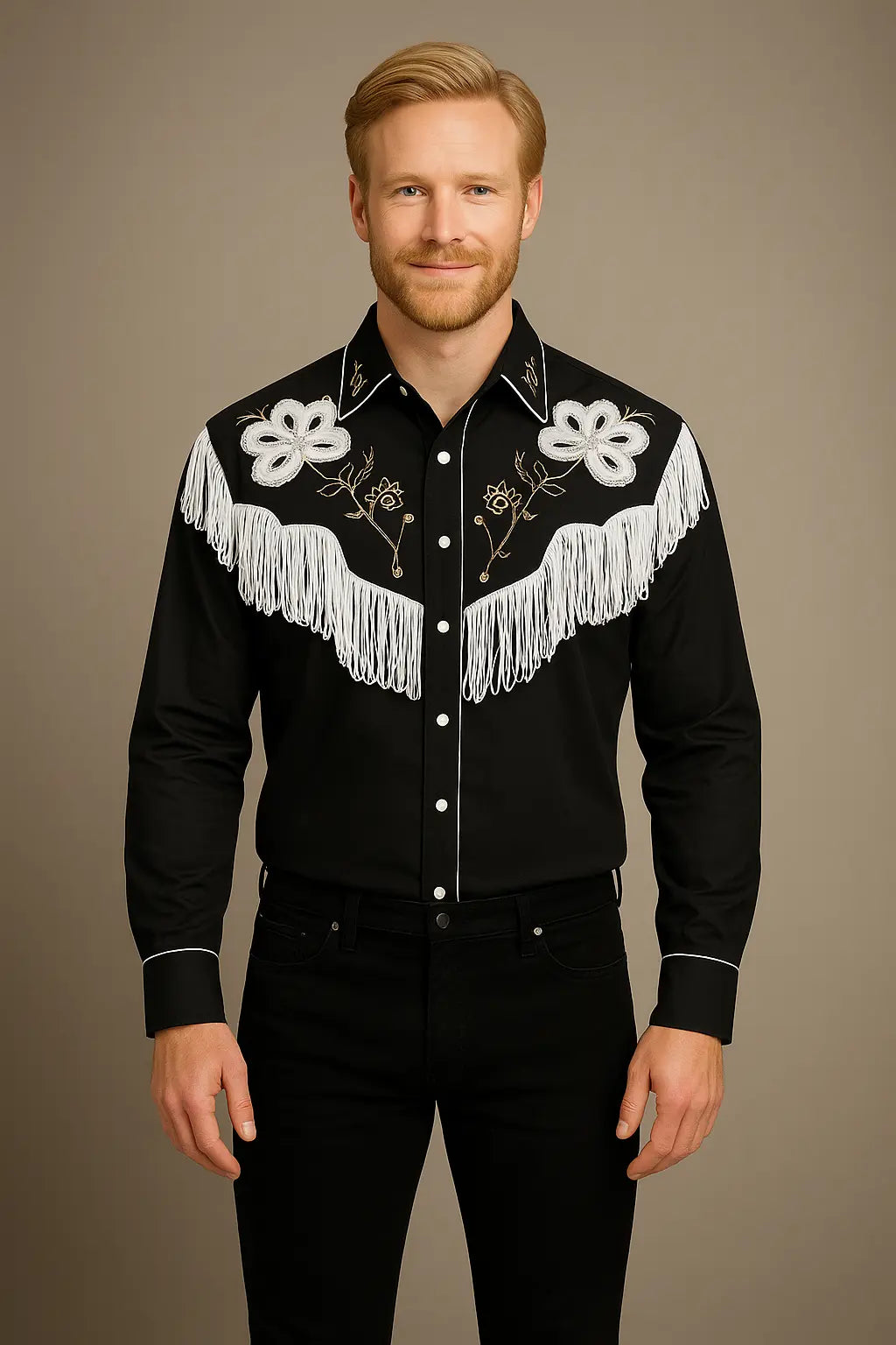 Front view Men wearing Ryan Gosling Barbie black suede western shirt with fringe design cosplay outfit