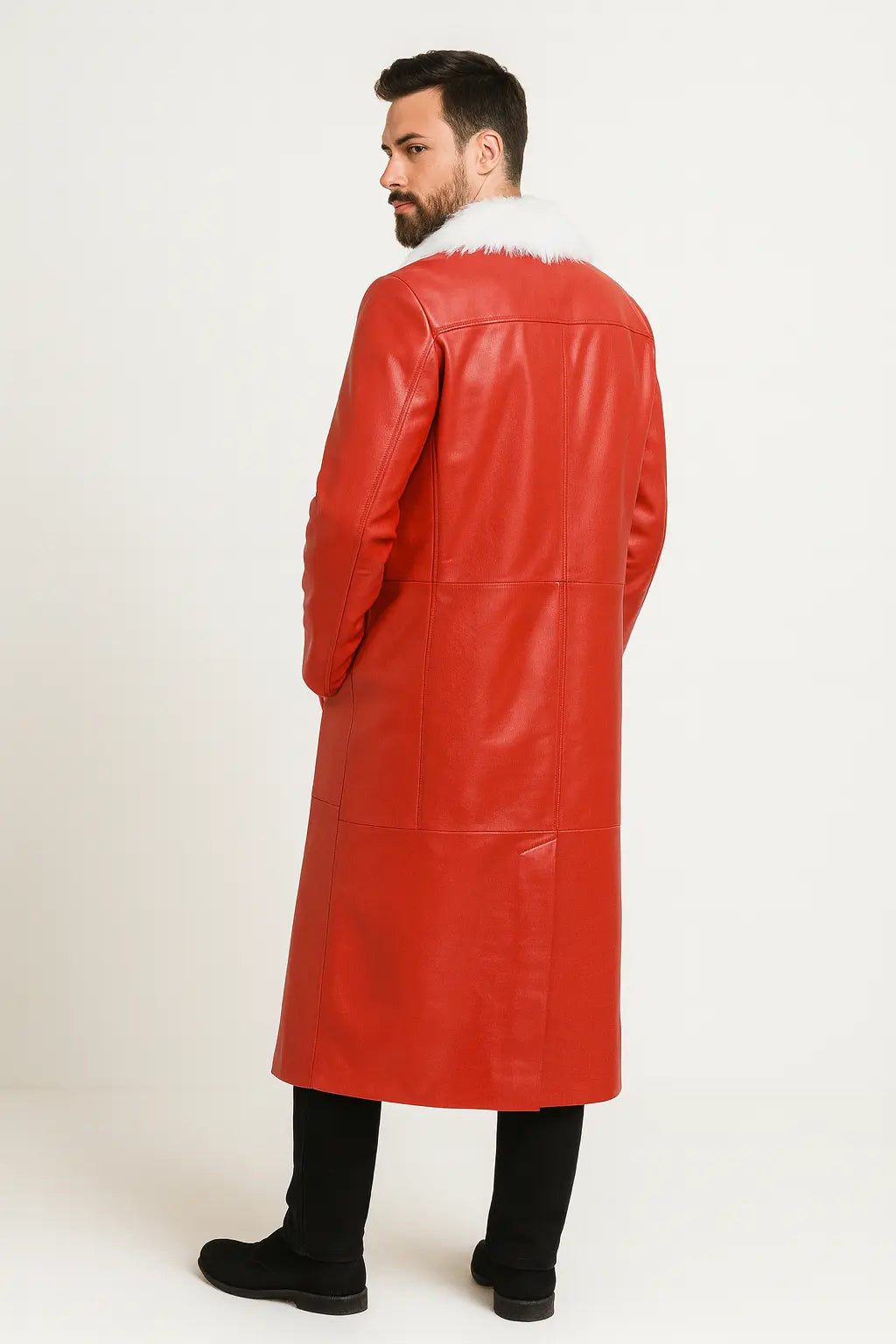 Back view of Santa Claus Christmas red leather coat with white faux fur details
