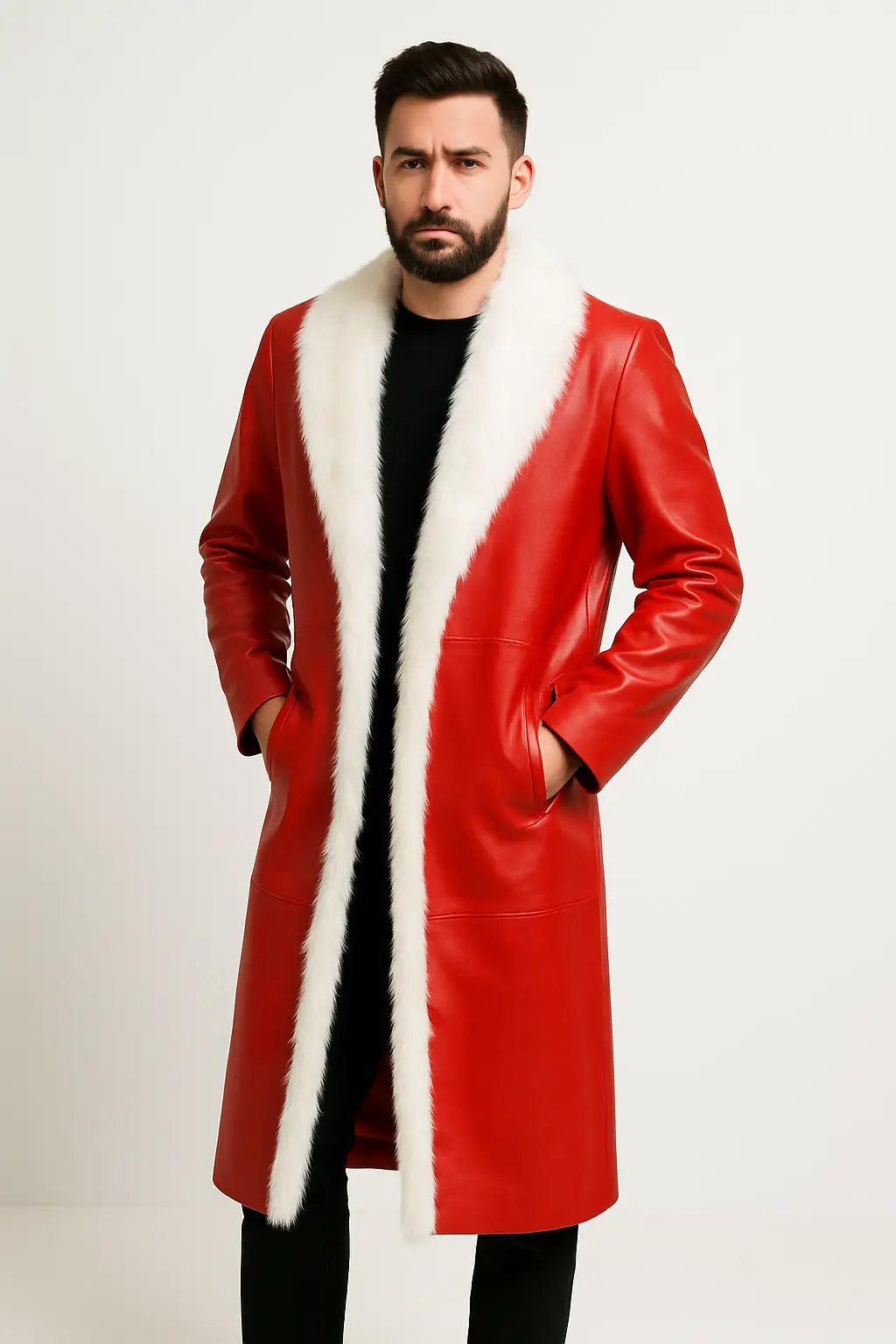 Close-up of Santa Claus red leather coat faux fur detailing for Christmas cosplay