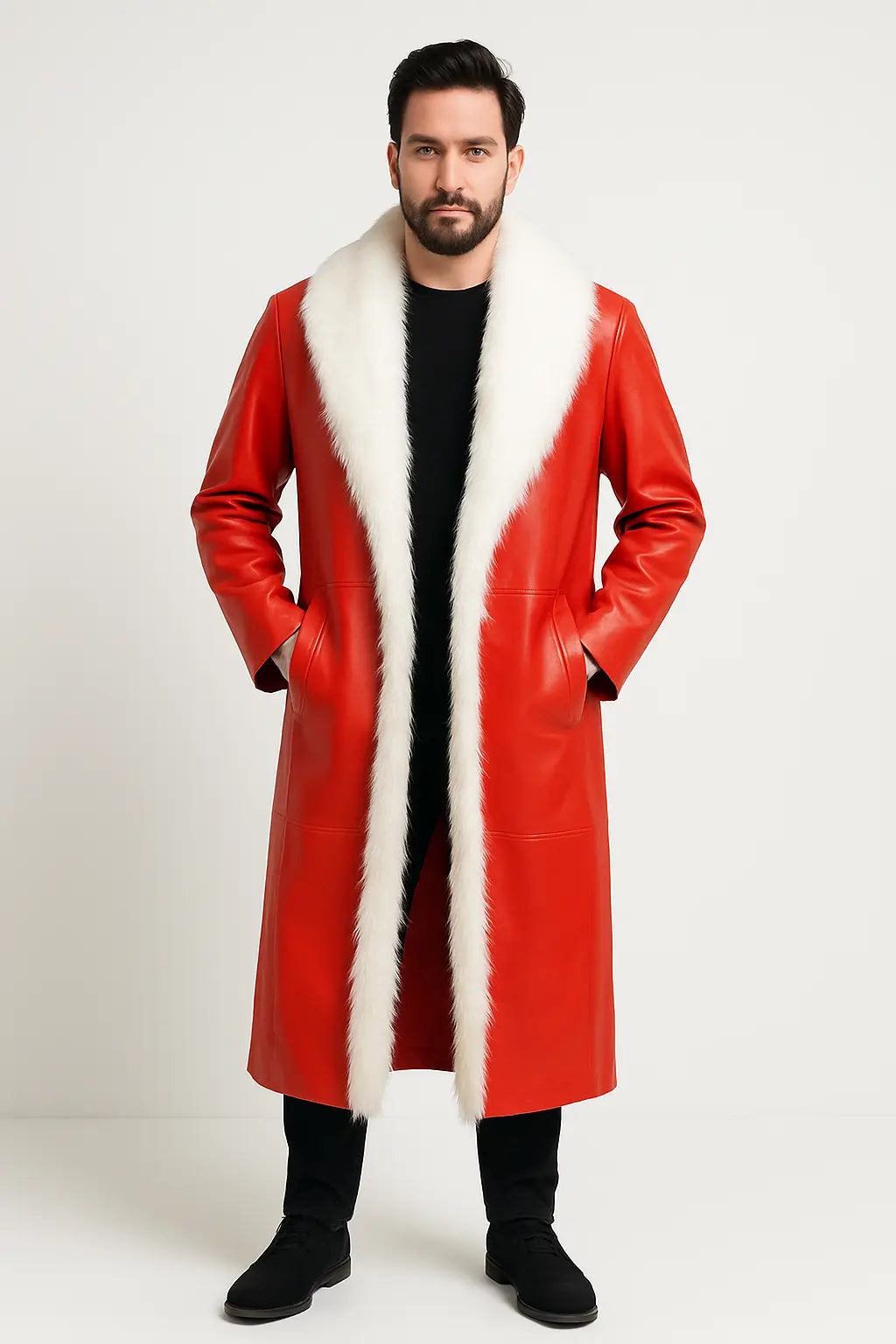 Front view of Santa Claus red leather coat with faux fur trim – Christmas costume jacket