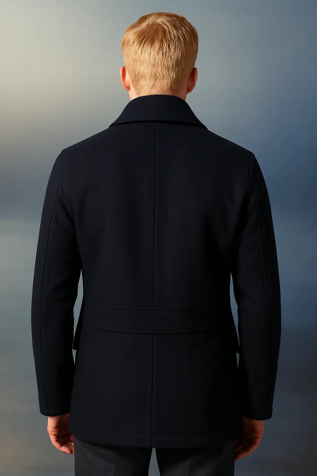 Back view of James Bond Skyfall black cotton peacoat inspired by Daniel Craig costume