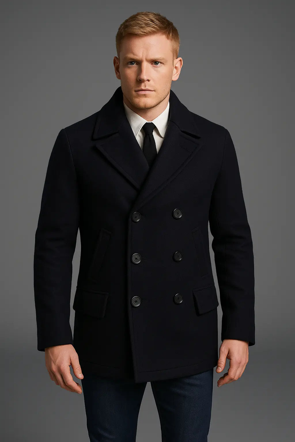 Front view of Skyfall Daniel Craig James Bond black cotton peacoat with button closure
