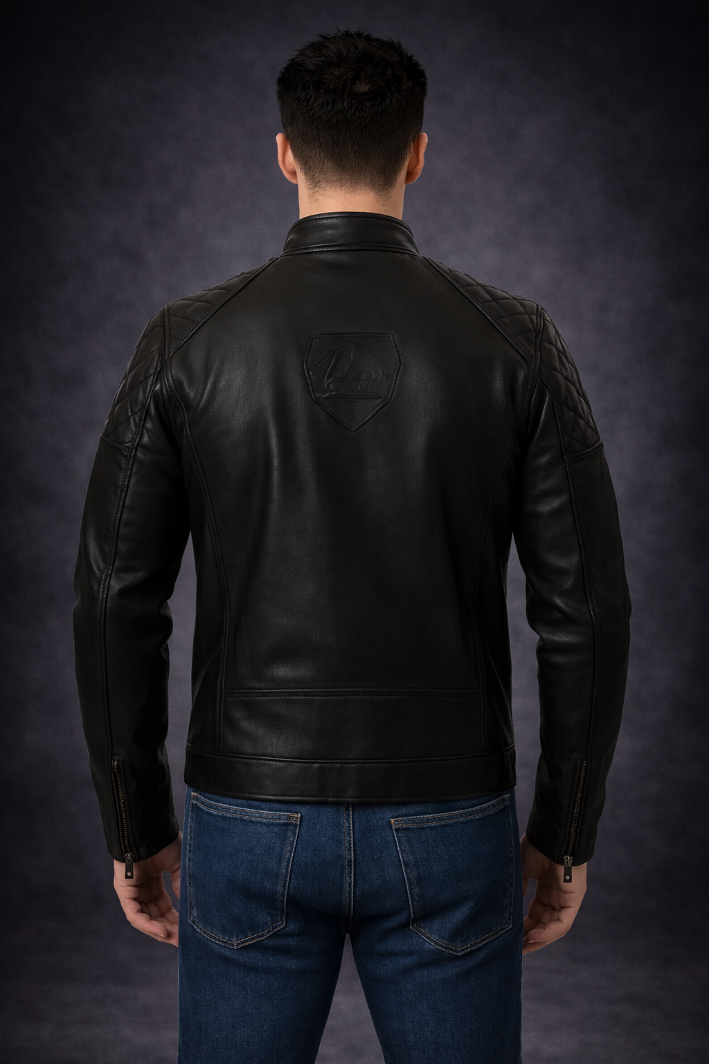 Solid Snake Metal Gear 2 black leather jacket back view with quilted shoulders