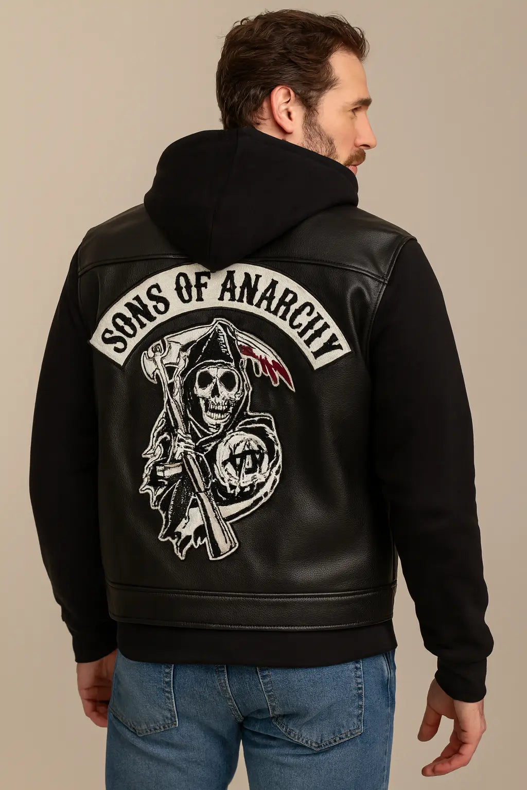 Back view of Sons of Anarchy SAMCRO hooded leather biker jacket with Reaper logo