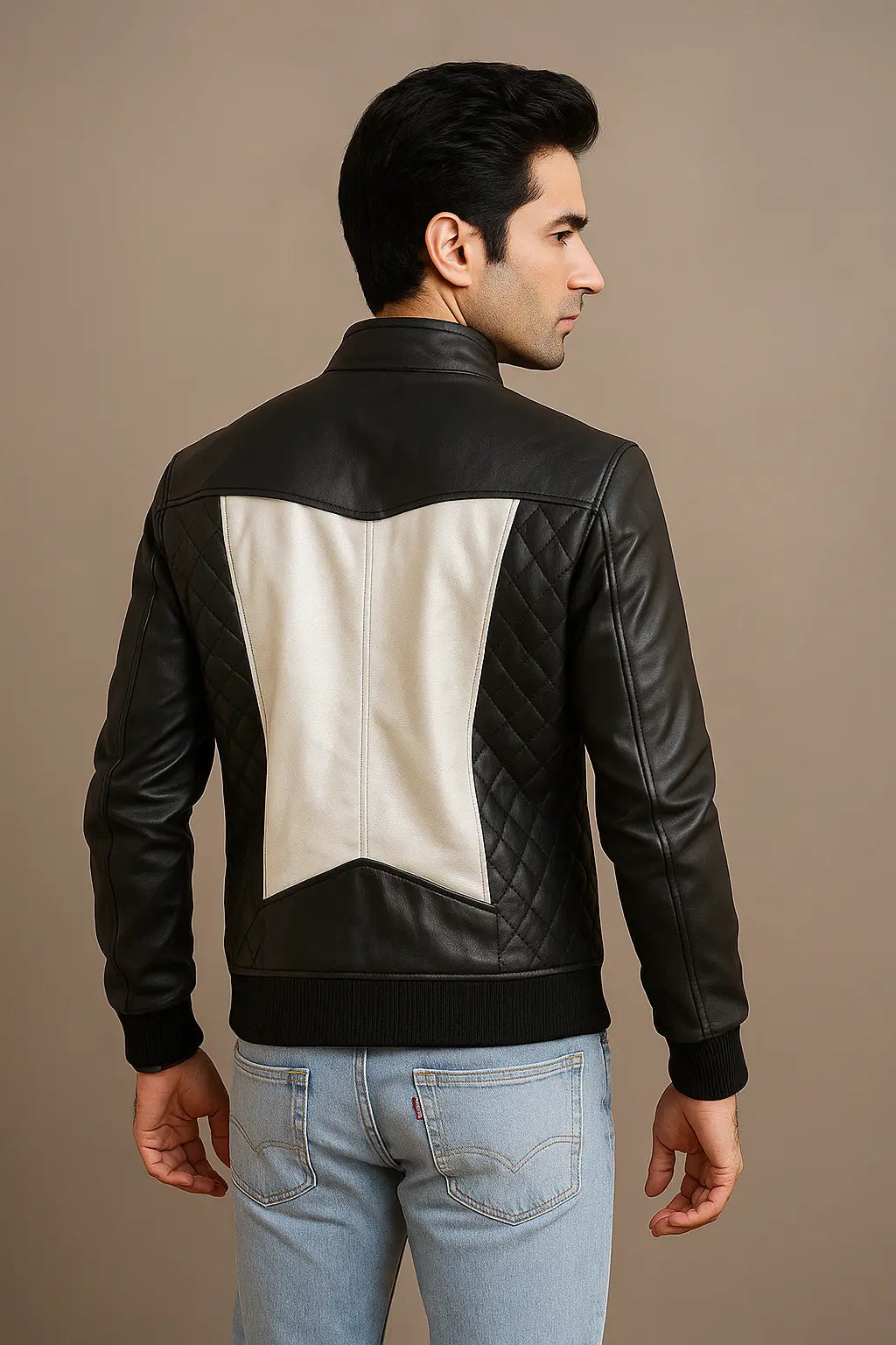 Back view of Spade black and silver bomber leather jacket with stylish design