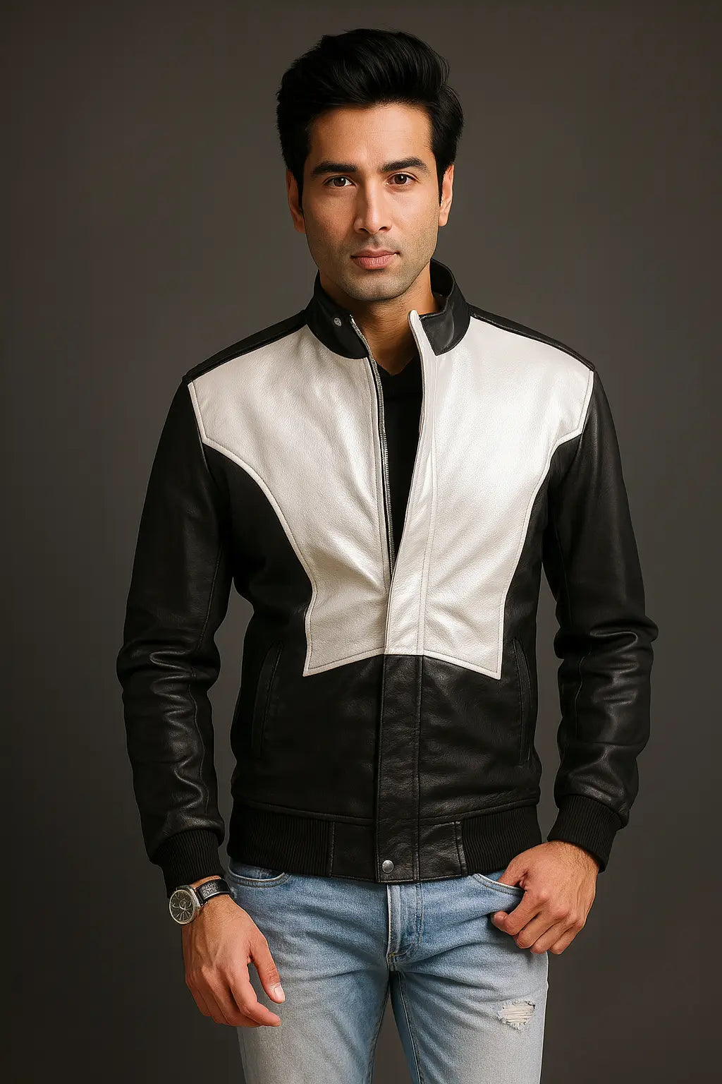 Front view of Spade silver and black genuine leather bomber jacket with zipper closure